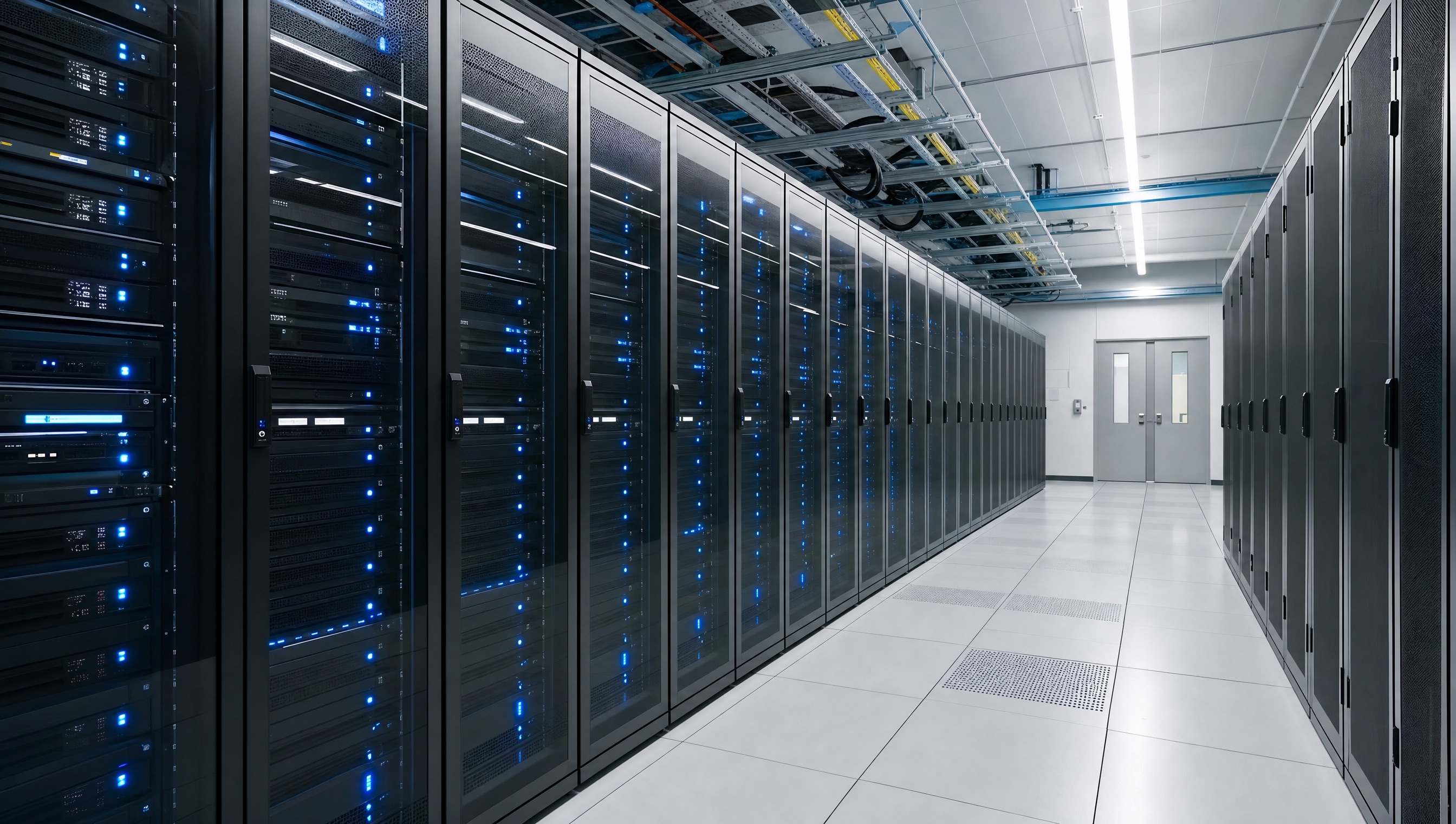 Clean data center aisle with rows of server racks