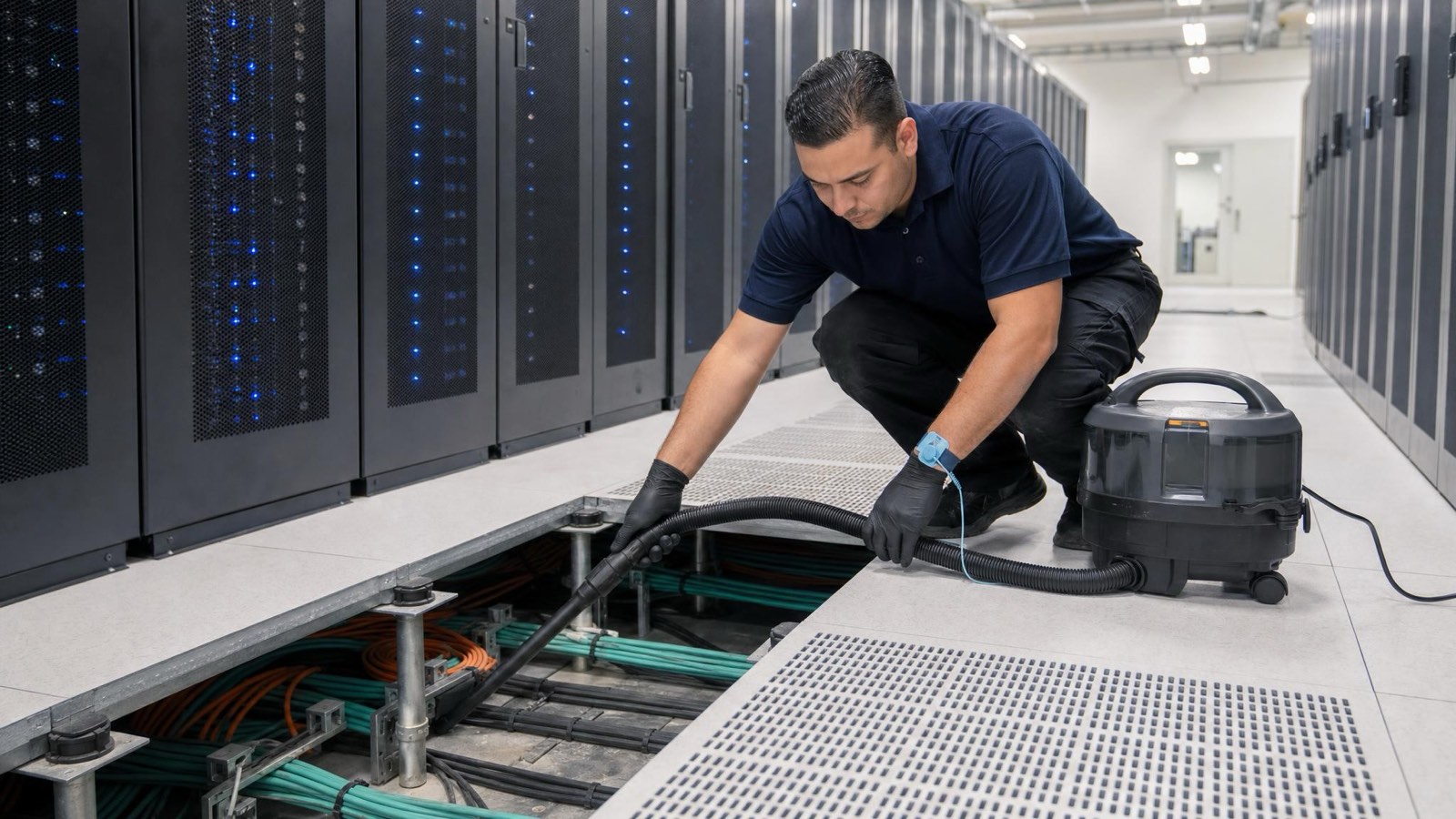 Technician vacuuming under a raised data center floor with a HEPA-filtered vacuum